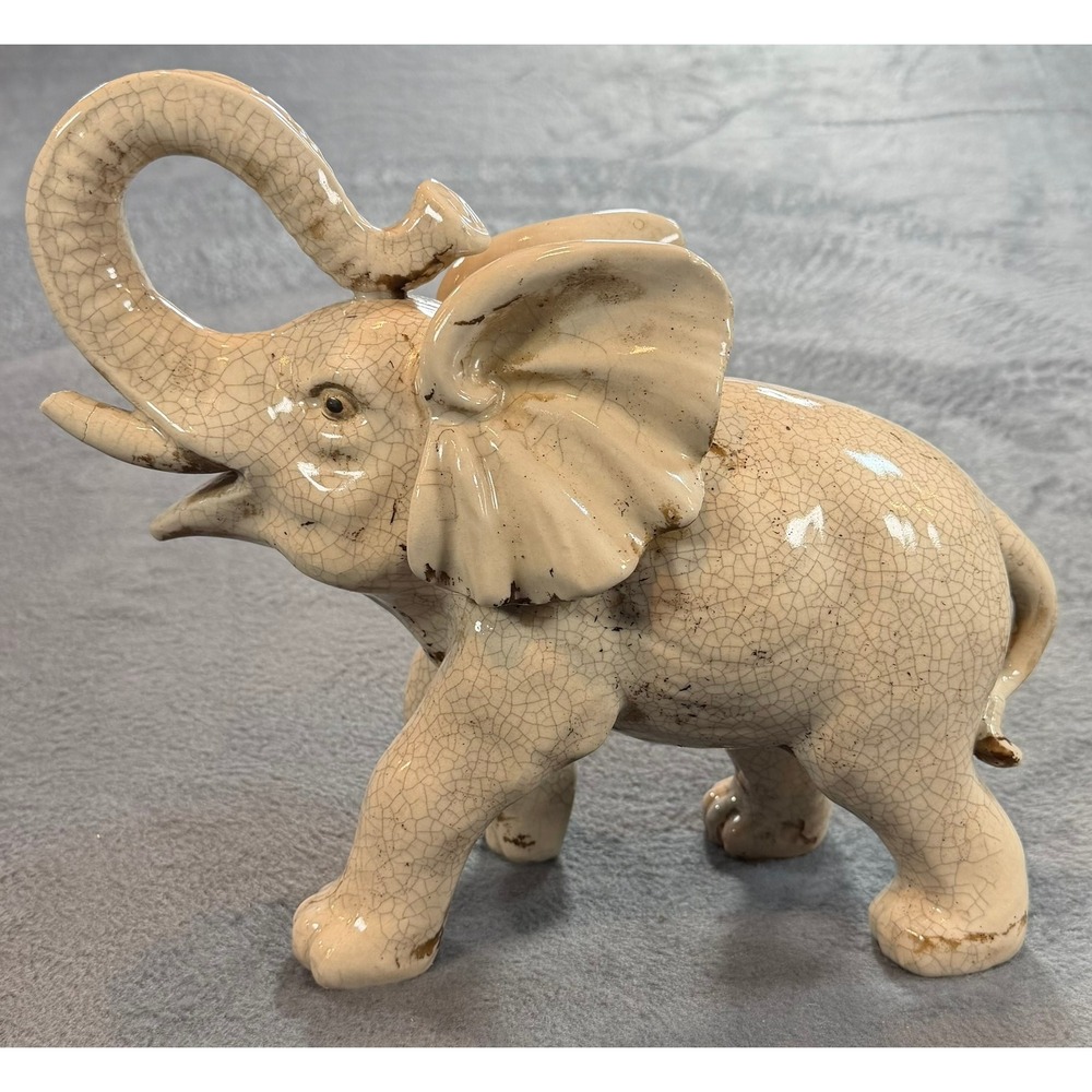 Vintage Ceramic Elephant Figurine Crackle Glaze Lucky Upturned Trunk Off-White - Picture 3 of 16